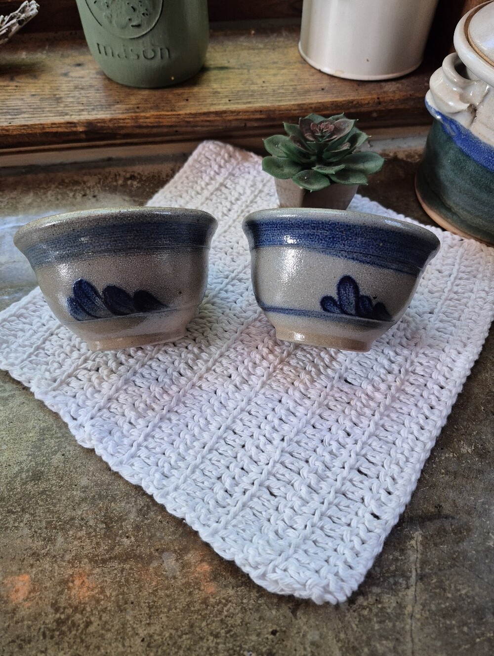 2pc. Vintage 1987 Rowe Pottery Works Blue Salt-Glazed Small Stoneware Bowls 4.5" - Picture 5 of 12